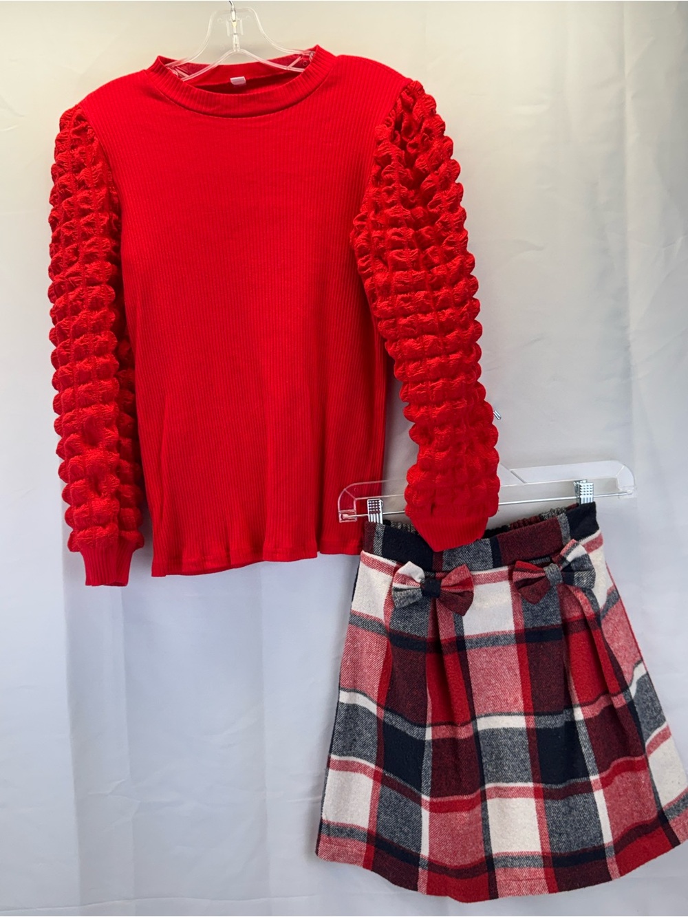 Red Bubble-Sleeve Knit Top and Plaid Skirt Set